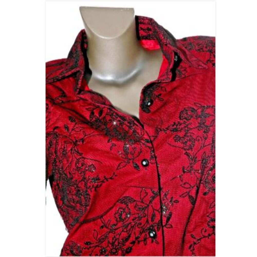 Glittery Button Blouse Shirt Top Sparkly Flocking Floral Coldwater Creek NWOT S